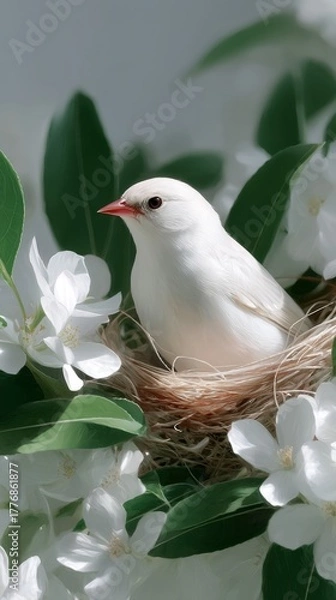 Fototapeta A delicate white bird rests peacefully in a cozy nest surrounded by fresh white flowers and lush green leaves. This serene composition captures the beauty of nature and tranquility. AI