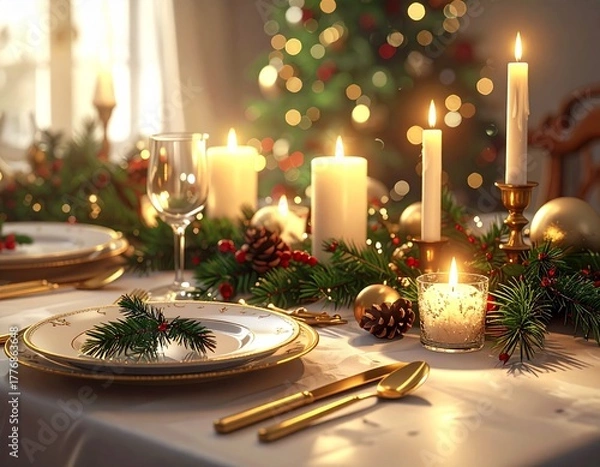 Fototapeta Bougies et table de Noël – élégance et chaleur pour les fêtes