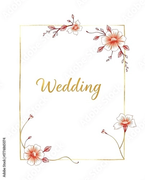Fototapeta A powerful, elegant golden rectangular frame accented by delicate hand-drawn coral and pink flowers, perfect for wedding invitations or announcements.