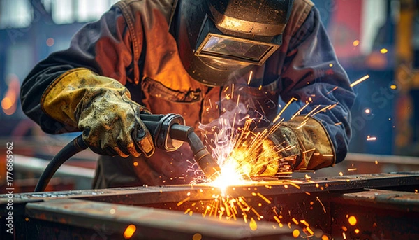 Fototapeta A welder in a workshop, using protective gear, creating sparks and light while working with metal.
