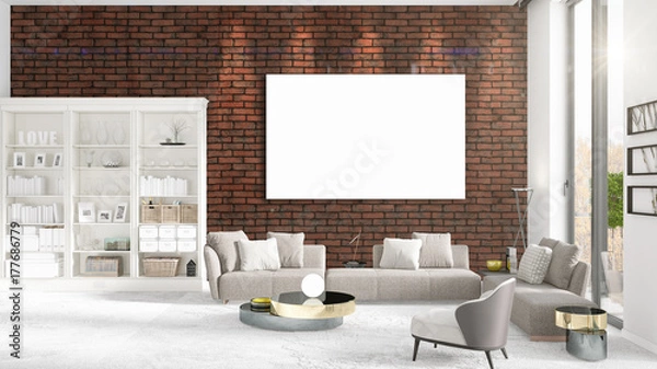 Fototapeta Fashionable modern loft interior with empty frame and copyspace in horizontal arrangement. 3D rendering.