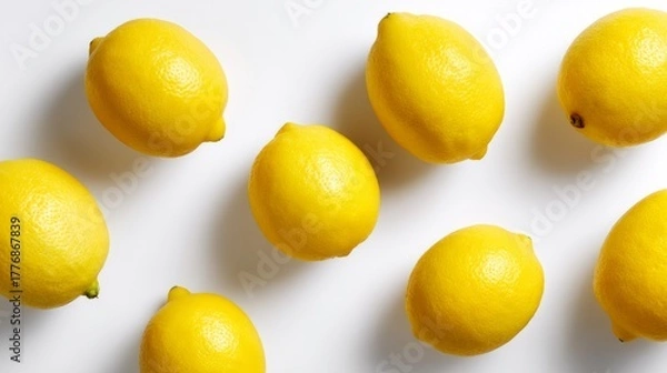 Fototapeta Bright yellow lemons scattered on a clean white surface. Each lemon adds a splash of color and freshness to the image. Ideal for culinary themes and healthy food promotions. AI