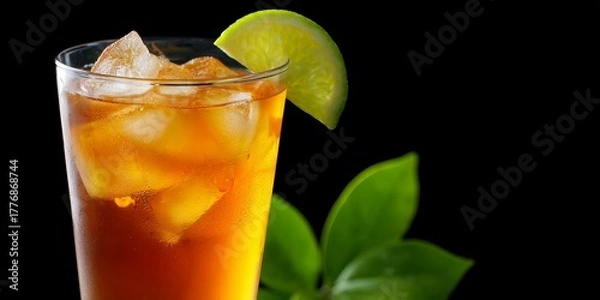 Fototapeta Refreshing iced tea with ice cubes and a lime wedge. Perfect for hot days. Enjoy this tangy drink in summer. Great for parties and gatherings. A vibrant and appealing beverage. AI