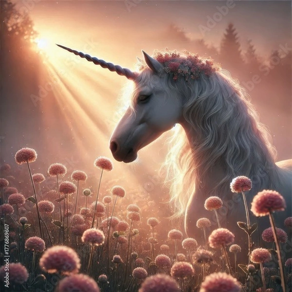 Obraz A beautiful unicorn stands gracefully amidst a field of pink flowers during early morning. Sunlight filters through trees, creating a magical atmosphere.