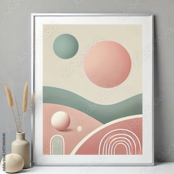 Obraz A decorative art piece showcases pastel colors and smooth shapes, including circles and curves, set against a neutral background in a stylish interior space.