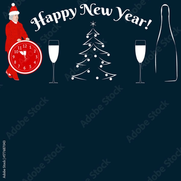 Fototapeta Happy New Year. Wineglasses and Santa Claus with the clock that shows at five minutes to twelve. Space for your text. Vector