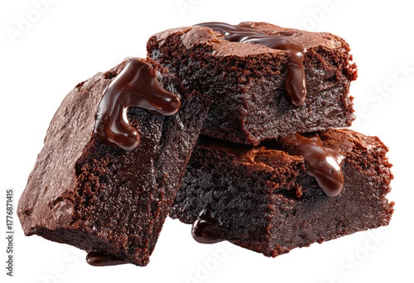 Obraz Three rich, decadent brownies stacked, drizzled with melted chocolate