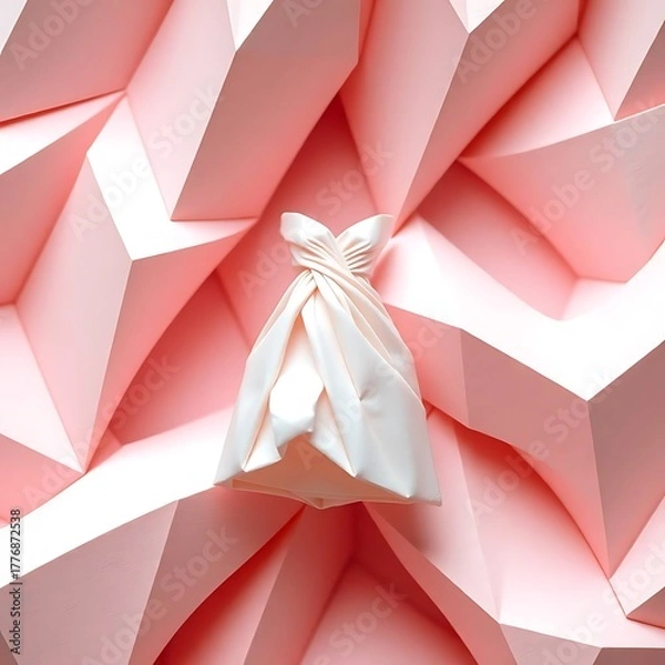 Obraz Soft satin object resembling a dress suspended against a vibrant pink, low-poly background. Represents luxury, geometry, fashion, and abstract beauty in 3D design.