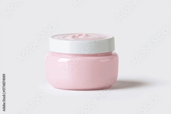 Fototapeta A single, elegant jar of luxurious pink cream stands gracefully on a pristine white background. The delicate pastel hue of the product, visible in a soft swirl on top and through the polished containe