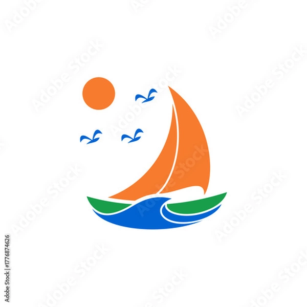 Fototapeta minimalist sailing boat and bird, sun element logo design vector with flat style