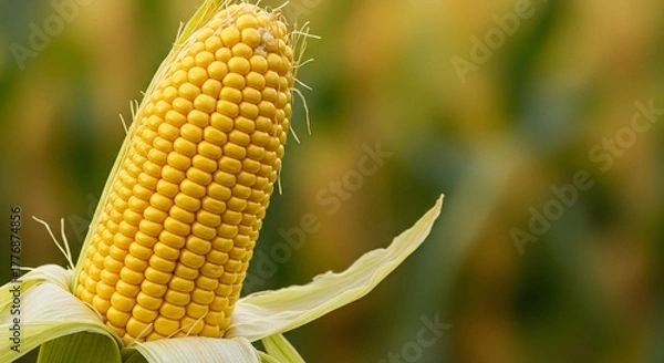 Fototapeta Golden ear of field maize, with rows of kernels and silky threads, stands against the greens.
