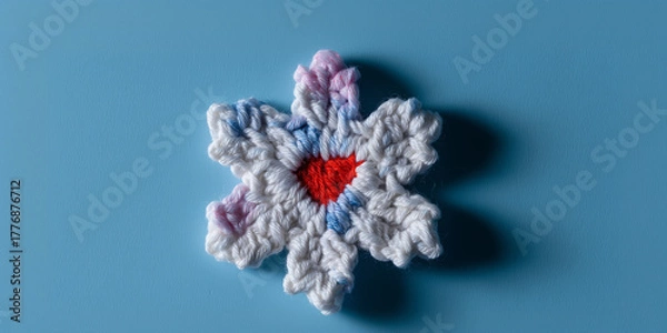 Obraz Crocheted snowflake with red heart center on blue background — handmade winter decoration symbolizing warmth and love. perfect for christmas cards, cozy winter ads, and craft-themed branding.