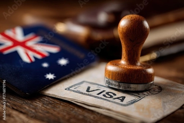 Obraz A focused close-up captures a vintage-style wooden rubber stamp poised above an official document, clearly displaying the bold, dark ink impression of "VISA." The scene is set on a warm, rustic wooden