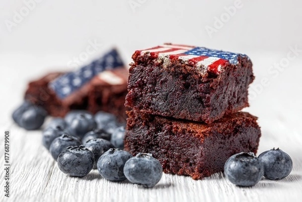 Fototapeta Deliciously rich, fudgy chocolate brownies are artfully arranged, with one topped by a vibrant red, white, and blue design featuring stripes and star-like elements, evoking a festive, patriotic celebr