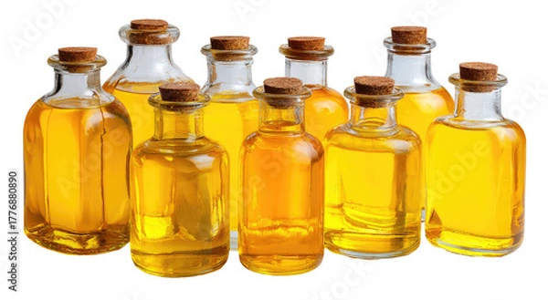 Fototapeta Several glass bottles, filled with a golden liquid, arranged in a row.  Each bottle has a cork stopper