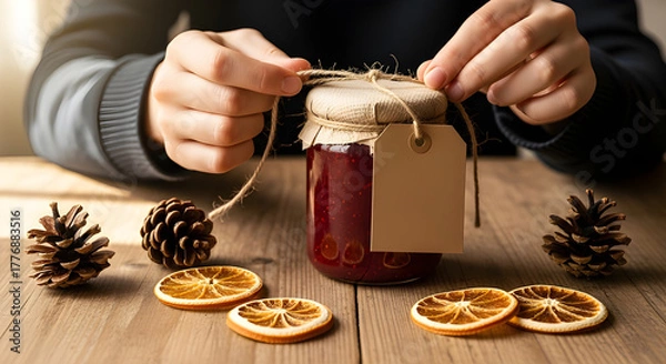 Obraz Wrapping homemade jam jar with festive decor, detailed warm realism.