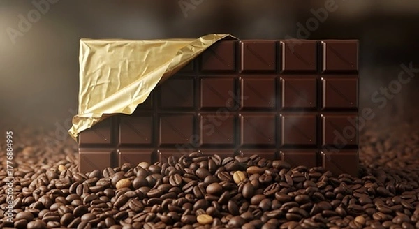 Obraz Dark chocolate bar with partially open gold wrapper resting on coffee beans