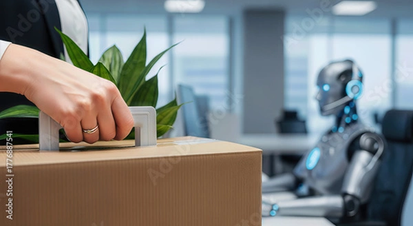 Fototapeta Hand carrying box with plant near robot in office, concept of job termination and automation.