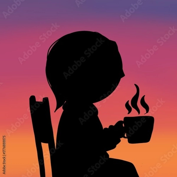 Obraz 夕焼けの中のシルエット：椅子に座ってホットドリンクを飲む女性