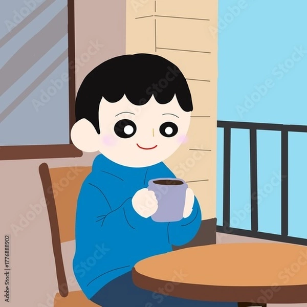 Obraz カフェのテラス席でホットドリンクを片手にする人