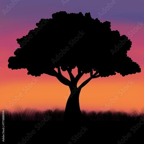 Obraz シルエットイラスト：木・草原と夕焼け