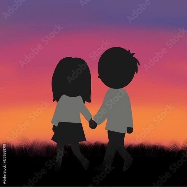 Obraz 夕焼け空を背景にしたシルエットイラスト：カップルが手をつなぐ
