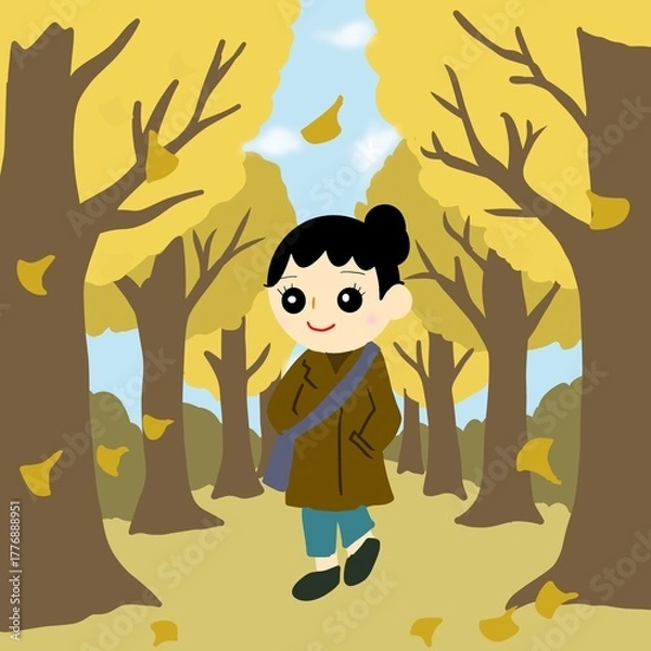 Obraz 落ち葉が舞う並木道（イチョウ並木）を一人で歩く女性