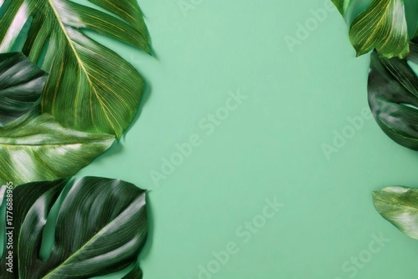 Fototapeta Minimalist flat lay design featuring lush tropical leaves on a plain background.