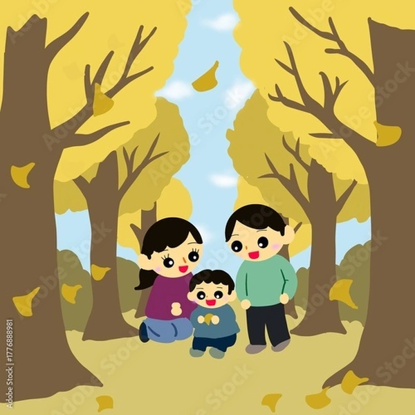 Obraz 落ち葉が舞う並木道（イチョウ並木）の親子（子どもが落ち葉を拾っている）