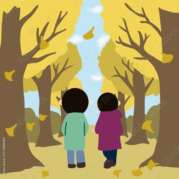 Obraz イチョウ並木を歩く2人の後ろ姿