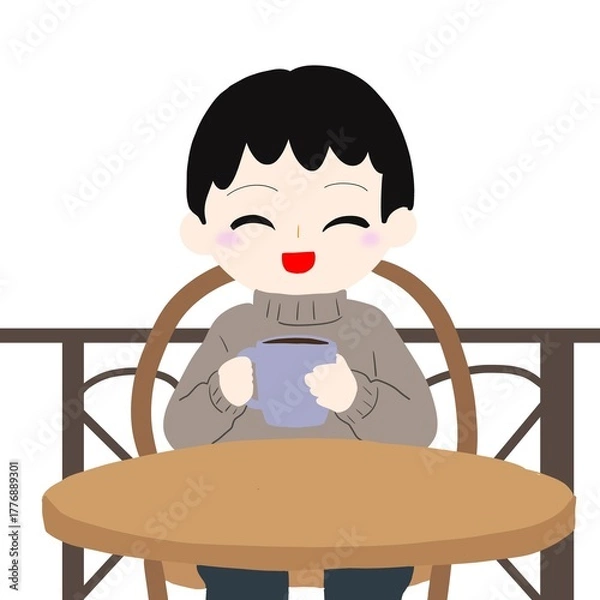 Fototapeta コーヒーを片手にテラス席で過ごす人