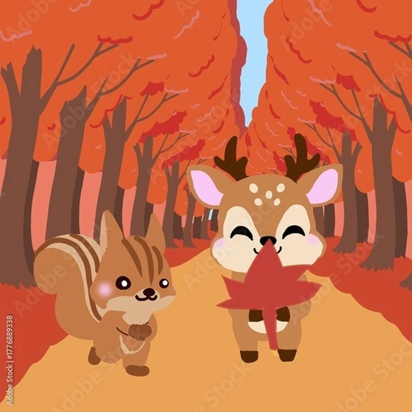 Fototapeta リスやシカと紅葉の風景