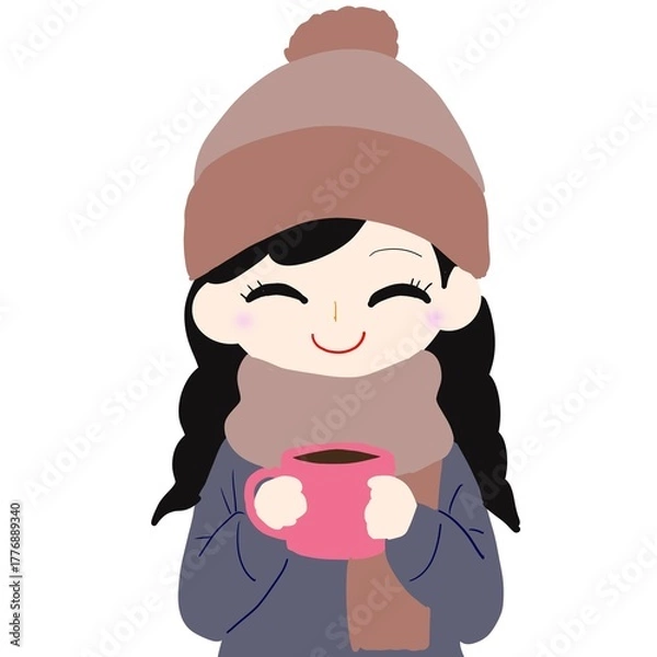Fototapeta 女性がニット帽やマフラー姿でホットドリンクを持つシーン