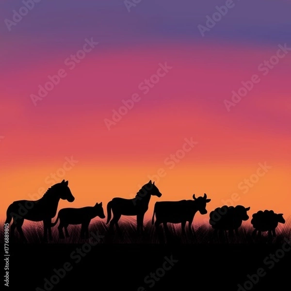 Fototapeta 夕焼け空を背景にしたシルエットイラスト：馬や牛など牧場の動物と夕焼け