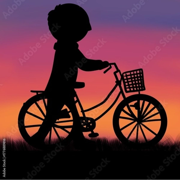 Fototapeta 夕焼け空を背景にしたシルエットイラスト：自転車を押しながら歩く人のシルエット