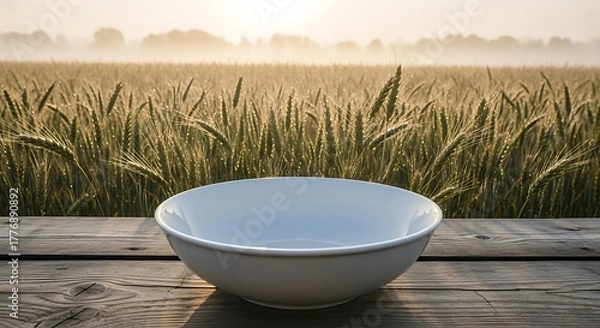 Fototapeta Empty white bowl on rustic table before hazy wheat field sunrise