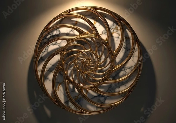 Fototapeta Luxe spiraling design with gold outlining and marbling center, artistic backdrop