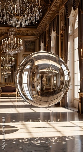 Fototapeta Reflective Orb Suspended in Ornate Interior with Chandeliers and Light