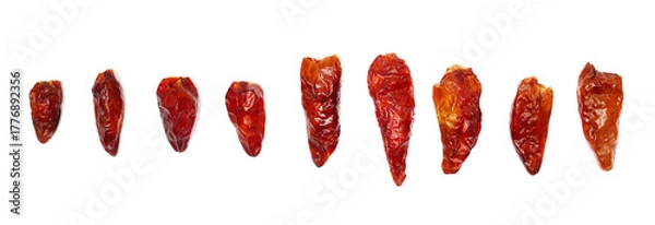 Obraz Set dried bird's eye chili peppers isolated on white background, top view