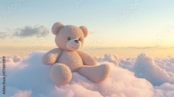 Fototapeta Cute fluffy teddy bear sitting peacefully on soft clouds against a serene pastel sky.