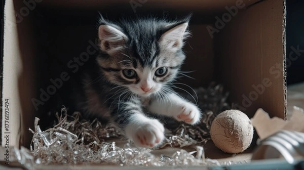 Fototapeta Playful tabby kitten with bright blue eyes and white paws exploring a cardboard delivery box with shredded packing material and a toy.