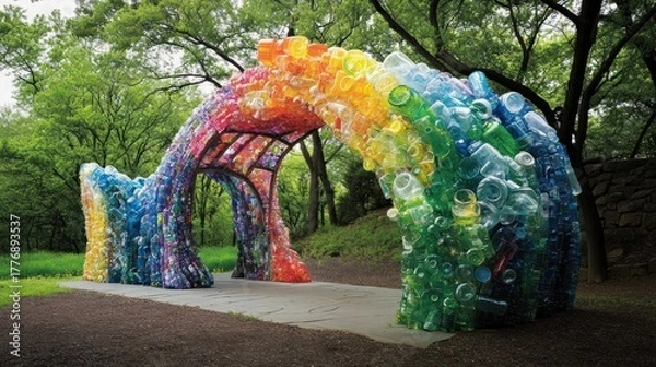 Fototapeta Archway art installation created from a mosaic of colorful recycled plastic bottles in a green park environment.