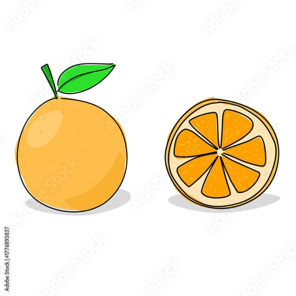 Fototapeta Flat vector illustration of a fresh orange fruit with green leaf, clean and simple design perfect for food, healthy, and organic graphics
