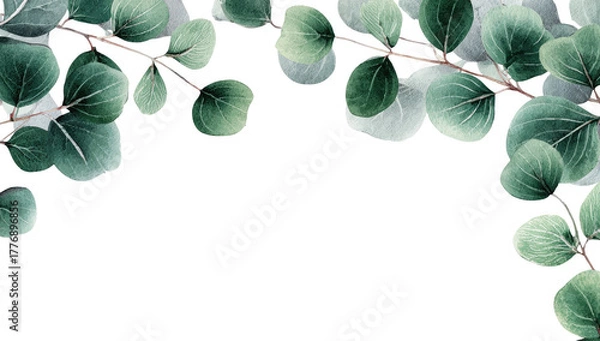 Fototapeta Soft, muted greenery branches frame a dark background.  Leaves are oval-shaped, light and dark green tones, arranged artfully