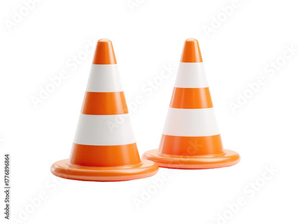 Fototapeta Two traffic cones, orange with white stripes, stand close together on a plain background