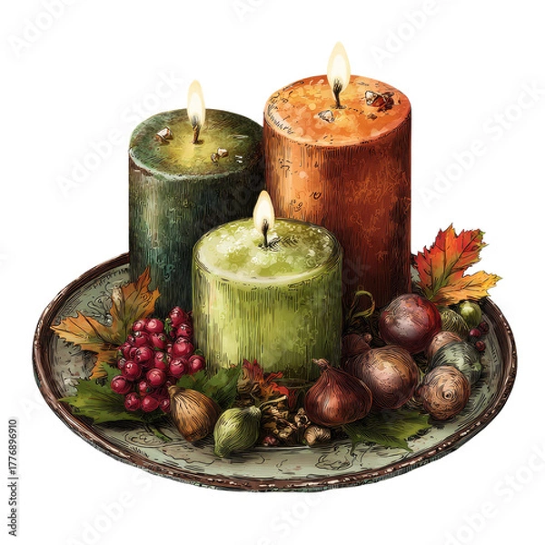 Obraz Three candles, various autumnal colors, sit on a rustic plate, surrounded by fall foliage and berries