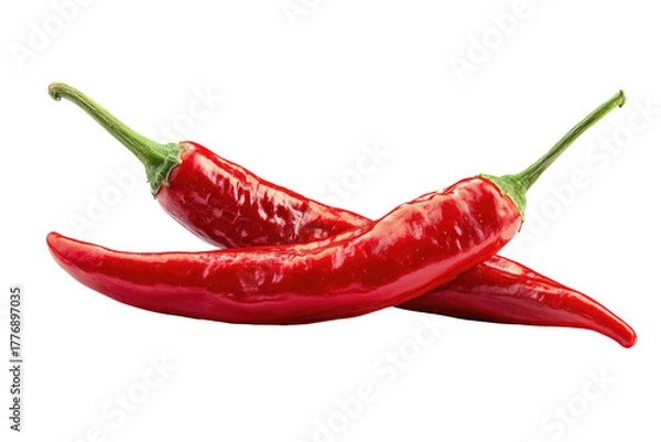 Obraz Two red chili peppers, close-up, vibrant color, slightly overlapping,  and sharply focused against a black background.  The peppers have smooth, glossy skin and pointed tips
