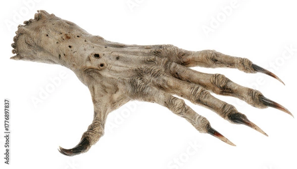 Fototapeta A stylized, gnarled hand with sharp claws.  A muted, greyish-tan color scheme