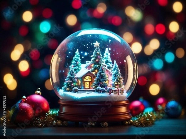 Obraz Magical Christmas Snow Globe with Bokeh Lights