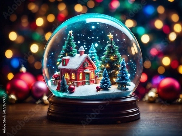 Fototapeta Magical Christmas Snow Globe with Bokeh Lights